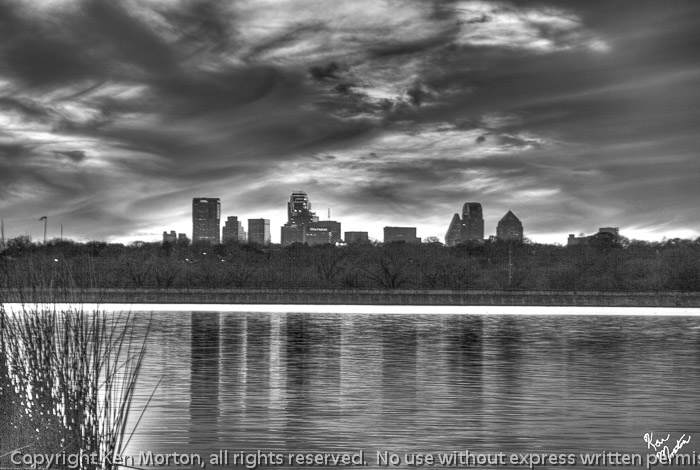 White Rock Lake Dallas Skyline Sunset BW
